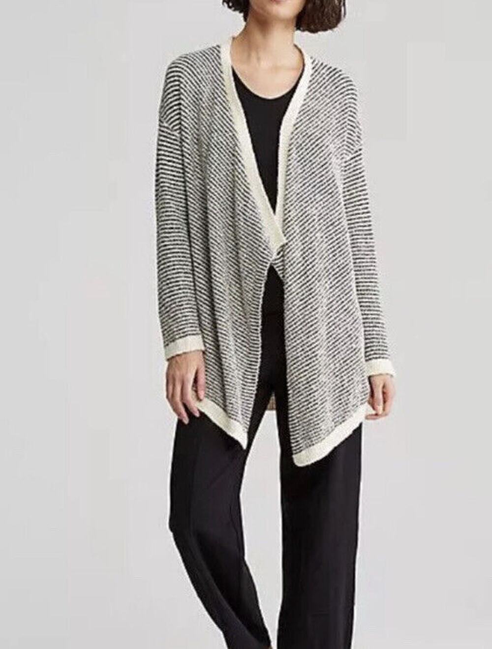 Eileen Fisher Boucle Cascading Cardigan Sweater Organic Cotton Stripes Size M